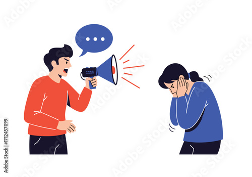 Man yelling through a megaphone at a distressed person.