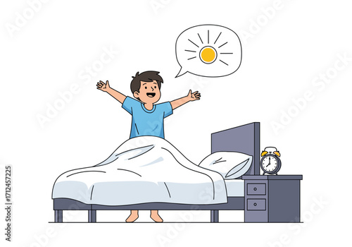 A young boy stretches and wakes up in bed as the sun rises.