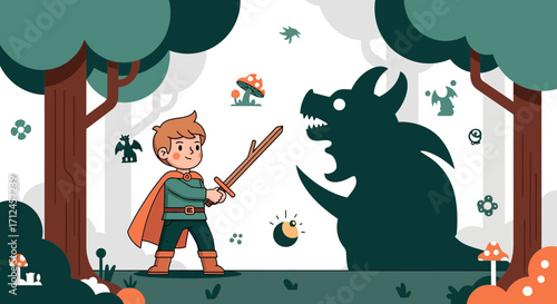 Courageous Lad Confronts Dark Beast In The Enchanted Woods With Sword and Bravery