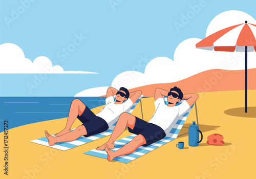Two people relaxing on beach chairs under an umbrella.