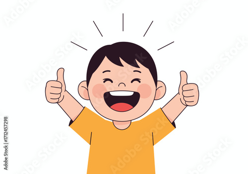 A happy child gives a thumbs up in excitement.