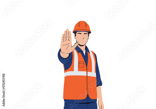 Construction worker wearing safety vest and helmet making stop gesture.