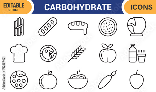 Vector food icons for healthy diet with fruits, grains, and bread products