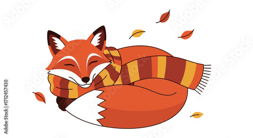 Cozy Autumn Illustration Featuring A Sleeping Fox Wrapped In A Scarved Embrace Delight