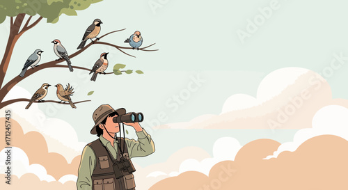 Birdwatcher Observing Various Bird Species Perched on Branches Against a Pastel Backdrop