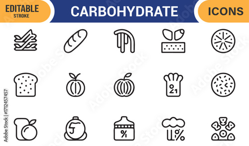 Carbohydrate outline stroke icons including rice, loaf, baguette, and cookies