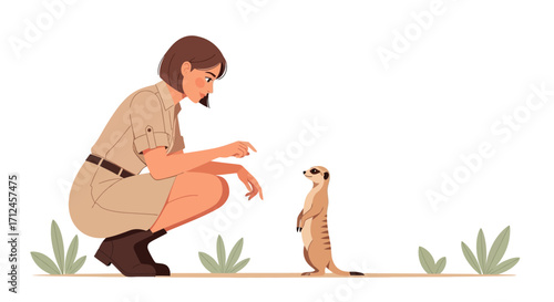 Curious Encounter: A Zookeeper Interacting with a Small, Vigilant Meerkat in a Habitat