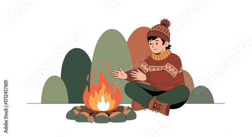 Cozy Person Warming By Campfire Amidst Serene Mountainous Backdrop Scene