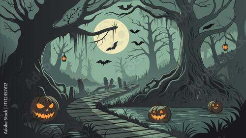 Gothic Halloween Landscape with Eerie Trees and Pumpkins