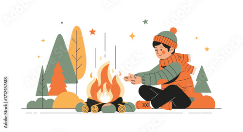 Cozy Winter Scene: A Person Warming by a Campfire in the Snowy Wilderness.