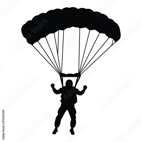 Silhouette of a parachutist descending with open parachute mid-air silhouette