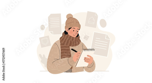 Cozy Writer Jots Down Notes In Cold Weather While Multiple Papers Float Around