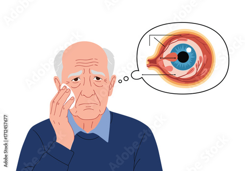 An elderly man feels eye discomfort and wipes his face.