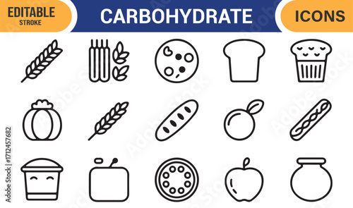Nutrition and diet vector icons set featuring bakery, pasta, and pizza food items