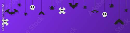 Halloween hanging decorations on vibrant purple background with white skulls black bats and dangling spiders, minimalist spooky banner design ideal for party decor and vector web graphics