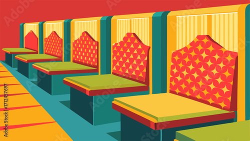 A row of cozy booths with bright patterned upholstery for a pop of color.
