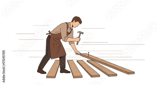 Craftsman Assembling Wood Planks with Hammer and Nails for Construction or Repair Job
