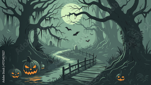 Spooky Halloween Night in a Dark Creepy Forest