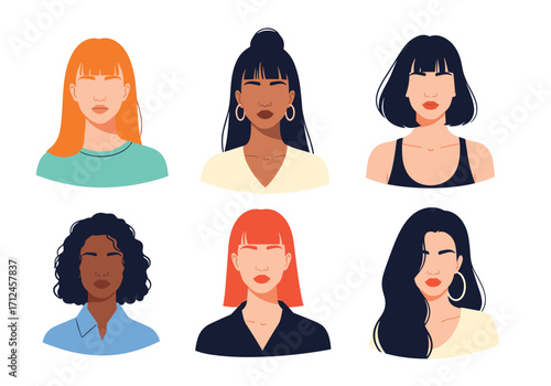 Collection of diverse stylized female portraits with varying hairstyles.