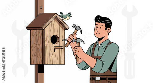 Craftsman Building Birdhouse with Little Bird Watching on a Sunny Day Cartoon Illustration