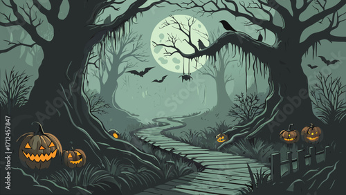 Spooky Halloween Night in a Dark Creepy Forest