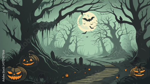 Spooky Halloween Night in a Dark Creepy Forest