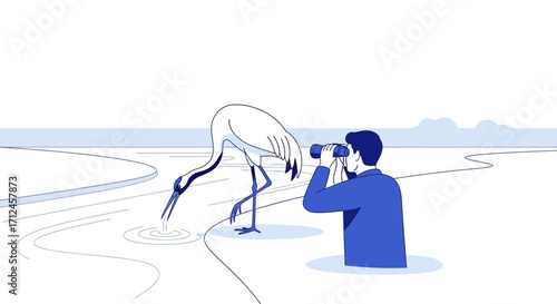 Birdwatching Scene: A Man Observes Crane As It Drinks Water Through Binoculars