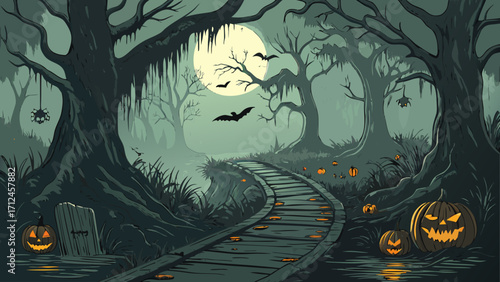 Spooky Halloween Night in a Dark Creepy Forest
