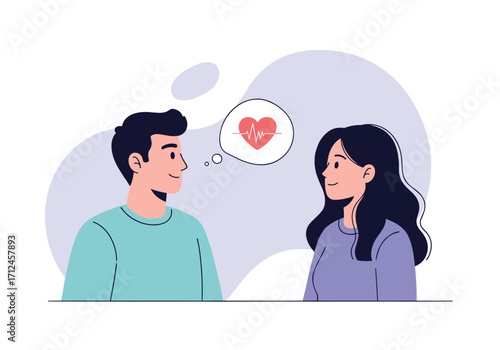 A couple sharing their feelings with a heart symbol between them.