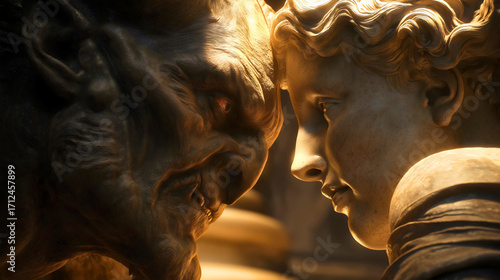 
A demon staring directly into the angel’s face  the forces of good versus the forces of evil, Bible.
