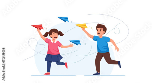 Children Joyfully Playing With Paper Airplanes In A Moment Of Pure Childhood Delight