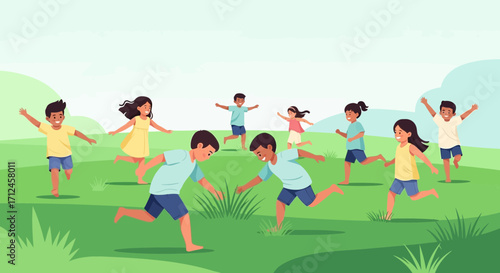 Children Joyfully Playing Outdoors During A Sunny Day In A Grassy Field