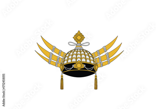 The symbolic ancient ceremonial golden helmet with ornate wings.