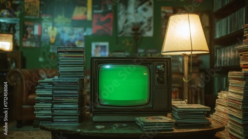 An old TV with a green screen on a table with CDs in a 90s-style room.