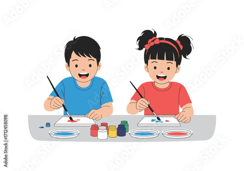 Children happily painting pictures at a table.