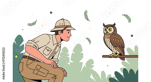 Curious Explorer Observes A Mighty Owl, Fascinated By Nature's Remarkable Beauty Here