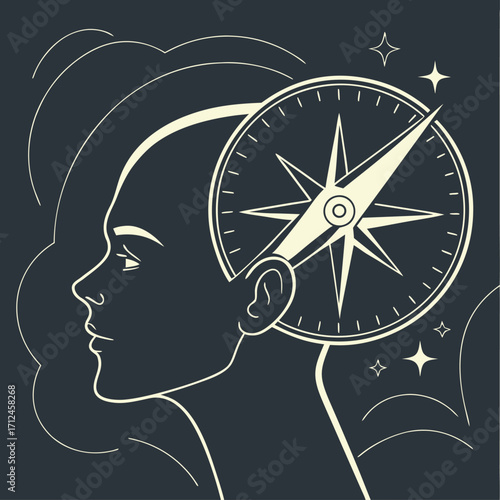 Inner compass as a guide for life decisions, A compass inside a human head, Line art vector illustration - Generative AI
