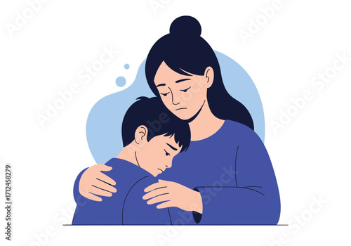 Mother comforting her sad child in her arms.