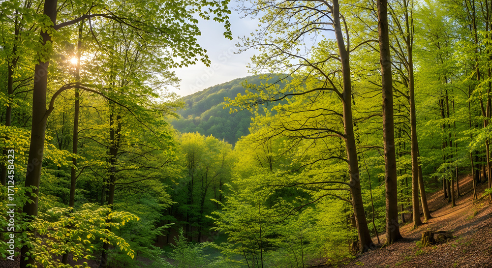 Obraz premium Sunlight streams through vibrant green forest canopy creating a peaceful, natural landscape scene