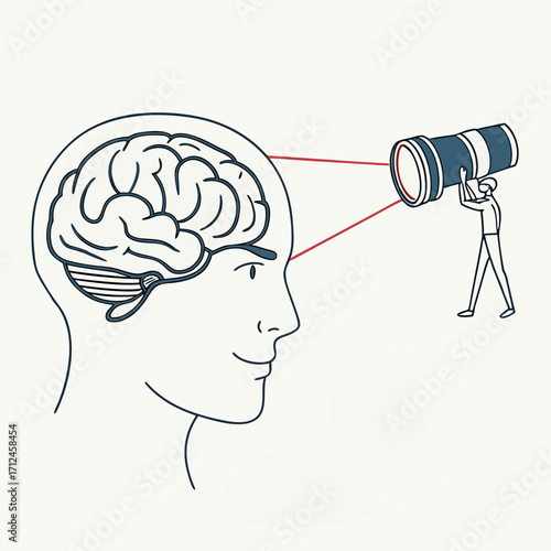 Exploring the mind, A man with a telescope looking into a human brain, Psychology and research concept, Vector illustration - Generative AI
