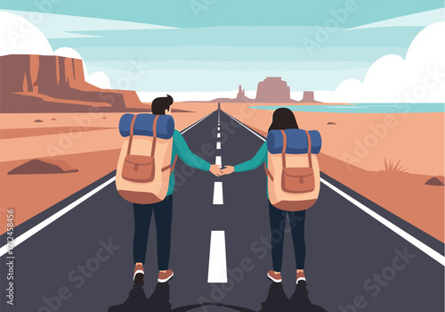Two friends holding hands walking on a road with backpacks.