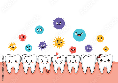Happy and unhealthy teeth with funny cartoon germs.