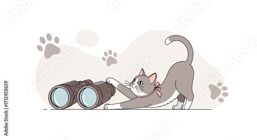 Curious Feline Stretching Near Binoculars, A Whimsical Illustration For Creative Visuals