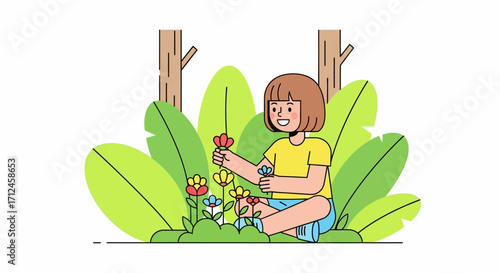 Blissful Child Surrounded by Nature, Picking Colorful Flowers in a Tranquil Garden