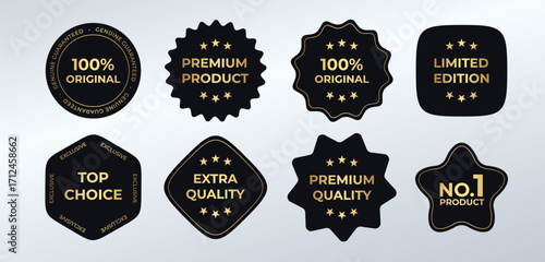 Premium Quality Original Badges And Labels Set In Black And Gold For Guarantee, Limited Edition, And Top Choice Tags. Clean Luxury Emblem Pack. Vector Illustration.