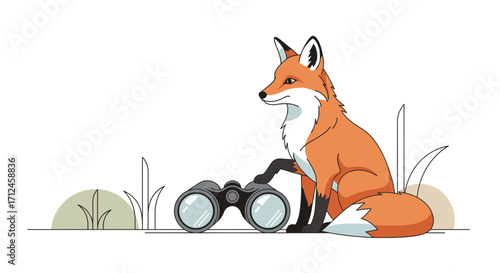 Curious Fox Gazing through Binoculars, Observing Its Wilderness Surroundings