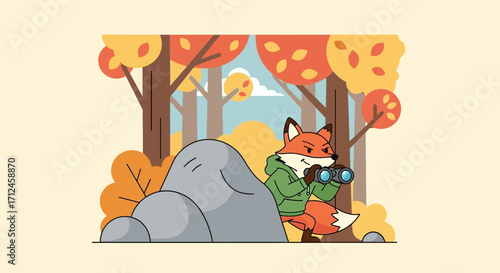 Curious Fox Observes Autumnal Forest Through Binoculars In A Playful Illustration