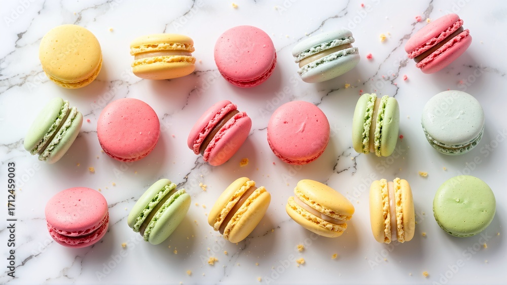 A pastel rainbow of delicate macarons arranged on a beautiful marble surface creating a delightful confectionary presentation. A pastel rainbow of delicate macarons arranged on a beautiful marble surface creating a delightful confectionary presentation.