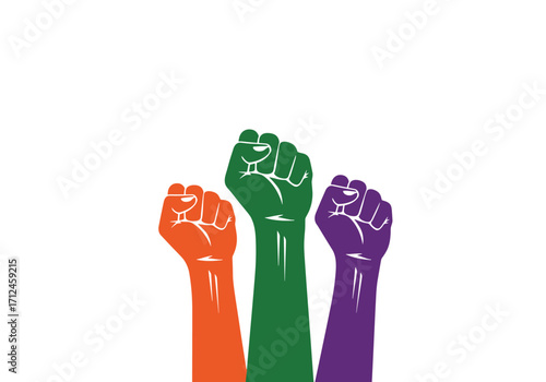 Three raised fists symbolize solidarity and protest.