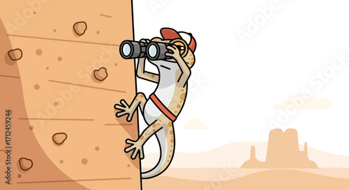 Curious Gecko With Binoculars Climbing Mountain Wall Enjoying Scenic Wilderness View